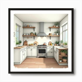 Inviting Watercolor Kitchen, Modern Charm With Soft Hues 1 Art Print