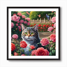 Rose Garden Reverie: A Cat's Perspective Art Print