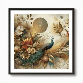 Peacocks And Flowers Art Print