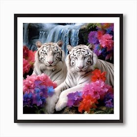 White Tiger With Flowers 1 Art Print