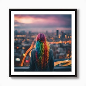 Rainbow Haired Girl overlooking the city Art Print