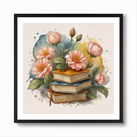 Best books and flowers on watercolor background 2 Art Print