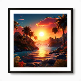 Sunset At The Beach, wall art of sunset, palm trees, orange sky, light rese of sun Art Print