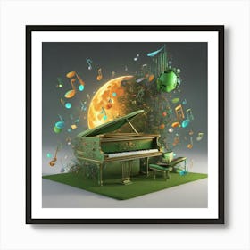 Piano With Music Notes and Planet in Background Art Print