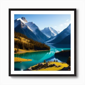 Tranquil Waters and Towering Peaks: A Serene Lake Amidst Mountains Art Print
