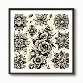 Black And White Floral Tattoo Set Art Print