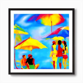 People Under Umbrellas on the Beach Fine Print Art Print
