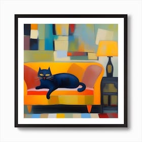 Black Cat On Orange Couch Art Print