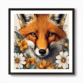 Fox And Flowers Art Print