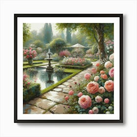 Rose Garden With The Fountain, Acrylic Style Painting 17 Art Print