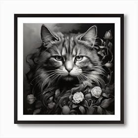 Black Cat With Roses Art Print