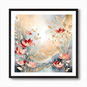 Flowers In Gold And Red Art Print