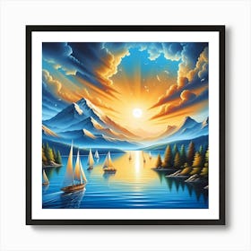 Sunset With Sailboats Art Print