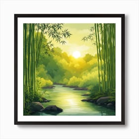 A Stream In A Bamboo Forest At Sun Rise Square Composition 249 Art Print