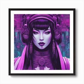 Japanese Geisha in Neon Cyberpunk Style Art Print