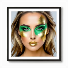 Beautiful Woman With Green And Gold Makeup Art Print