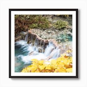 Turquoise Water Yellow Leaves Square Art Print