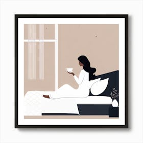 Woman In Bed With Cup Of Tea Art Print