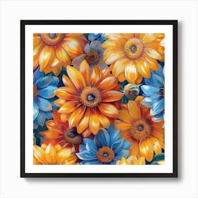 Blue And Orange Flowers Art Print