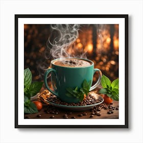 Coffee Cup With Mint And Coffee Beans Art Print