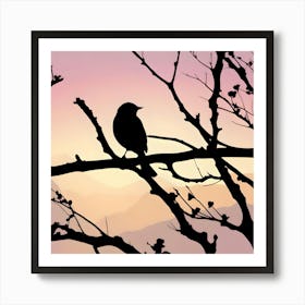 A Bird on a Tree Branch, Pastel Colors Art Print