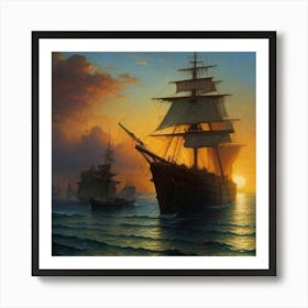 Sailing Ships At Sunset Art Print