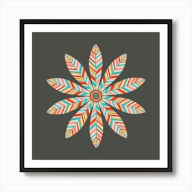 Petal Mandala Mid-Century Modern Scandi Folk Floral in Retro Boho Colours on Charcoal Brown Art Print