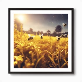 A Beautiful Yellow Bees Setting On The Horizon, The Sun Shines Through The Tops Of Rice Art Print