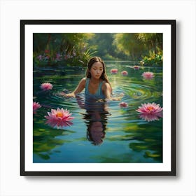 A gracefully floating water nymph, her delicate form surrounded by a tranquil garden of ethereal water blossoms. The petals of these flowers convey a range of emotions, shifting gently with the breeze that ripples through the crystal clear water. The aquatic stems showcase a vibrant array of colors, dazzling the eyes with their beauty. This captivating scene is depicted in a stunningly detailed painting, where every aspect is brought to life with rich and vibrant hues against green surroundings, crossing reality and illusion, highly detailed, cinematic scene, dramatic lighting, ultra realistic 4 Art Print