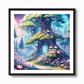 A Fantasy Forest With Twinkling Stars In Pastel Tone Square Composition 446 Art Print