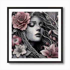 A woman wearing veil with flowers and branches Art Print