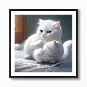 A Little White Cat Playing With Knitting Art Print
