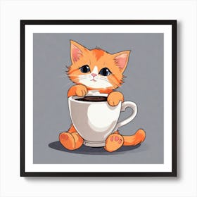 Cute Orange Kitten Loves Coffee Square Composition Art Print