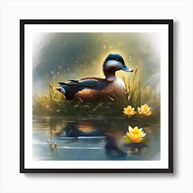 Ruddy Duck and Yellow Lillies Art Print