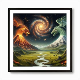 Wolf and Dragon Volcano Meadow Art Print
