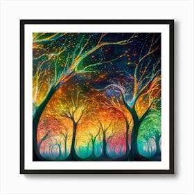 A captivating scene of trees that appear to be alive, with twinkling lights and vibrant 5 Art Print