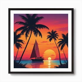 Sunset With Palm Trees 1 Art Print