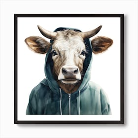 Watercolour Cartoon Zebu In A Hoodie 3 Art Print