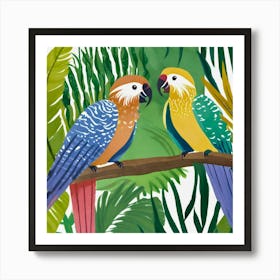 A Group Of Colorful Parrots Is Depicted Standing Close Together Against A Lush Green Jungle Background Art Print