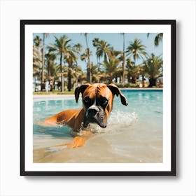 A dog boxer swimming in beach and palm trees 4 Art Print
