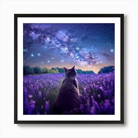 Cat Looking At The Milky-Way In A Field Of Lavender Art Print