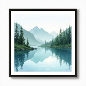 Peaceful Mountain Lake In Watercolor, With Reflections And Pine Trees Art Print