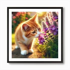 Cute Kitten Sniffing Flowers Art Print