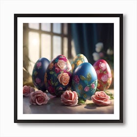 Blue and Red Painted Eggs with Miniature Roses Art Print