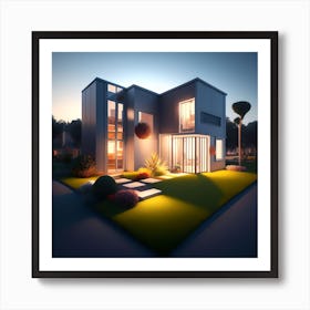 Modern House At Night Art Print