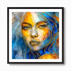 Portrait Of A Beautiful Lady In Stained Glass Effect - An Abstract Artwork In Shades Of Blue, Orange, And Golden Colors. Art Print