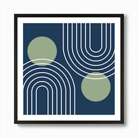 Mid Century Modern Geometric In Navy Blue And Sage Green (Rainbow And Sun Abstract) 02 Art Print