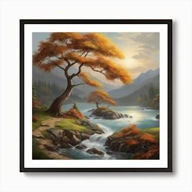 Autumn Tree By The River Art Print