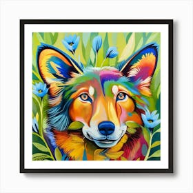 Animals Wall Art : Wolf With Blue Flowers Art Print