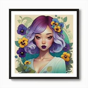 Asian Girl With Pansies 1 Art Print